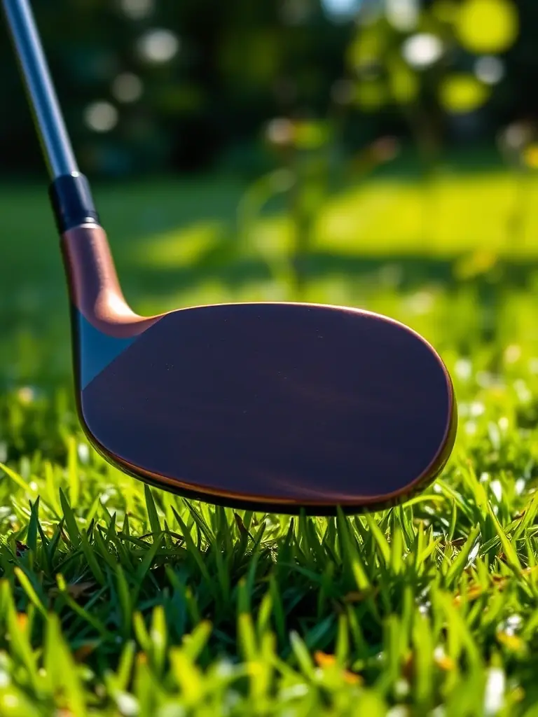 A golf wedge with a chocolate oil can finish, featuring a deep, rich brown color, photographed outdoors on a green to emphasize its natural, earthy tone.