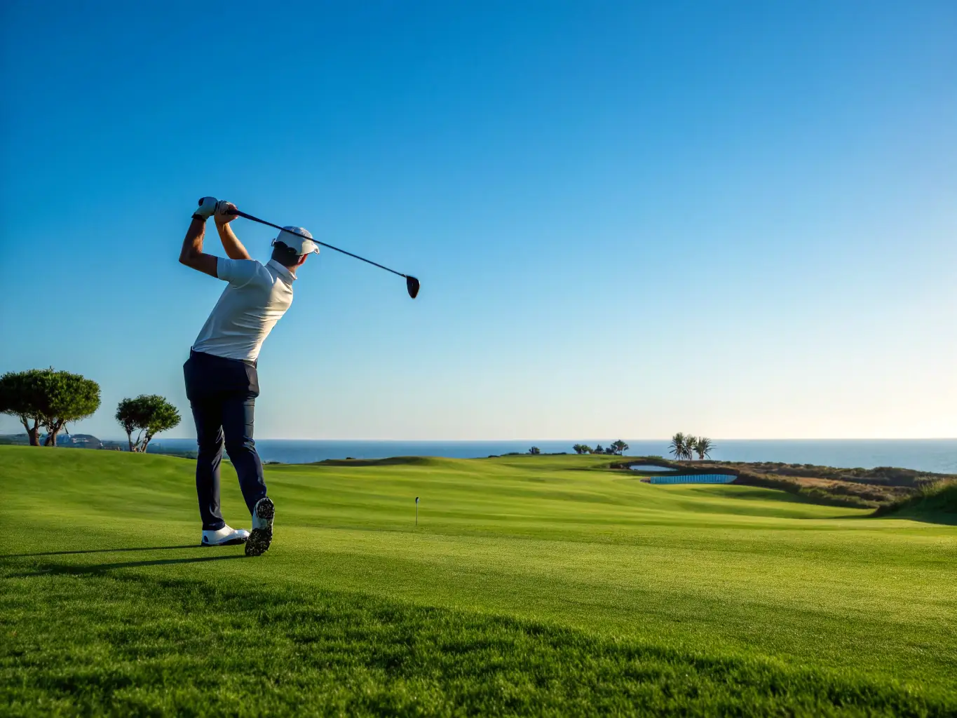 A golfer using a custom-fitted golf club on a sunny golf course, demonstrating the enhanced performance and satisfaction that comes with using a club tailored to their specific needs and preferences from SXY Golf's Custom Crafted collection.