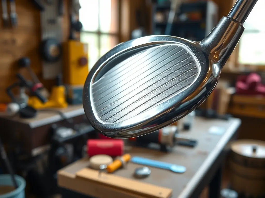 A close-up shot of a golf club being meticulously crafted by a skilled artisan in a workshop, showcasing the attention to detail and precision involved in creating a custom golf club for SXY Golf's Custom Crafted collection.