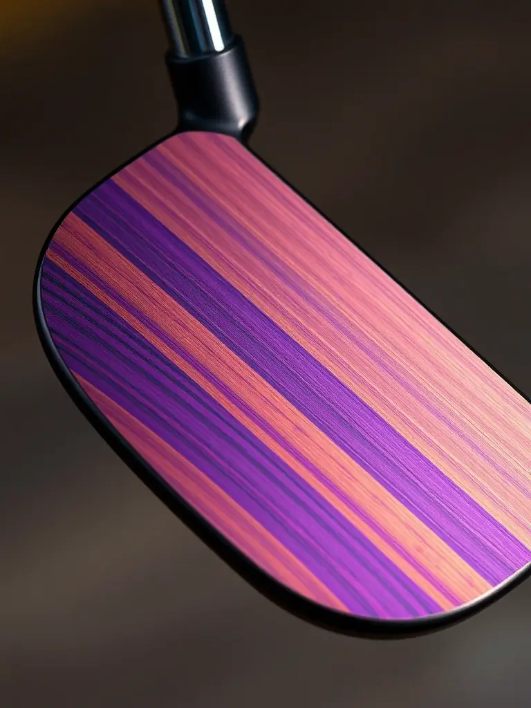 A golf iron with a blue oil can finish, displaying a vibrant, iridescent blue hue, captured in a workshop setting to highlight the craftsmanship and color depth.